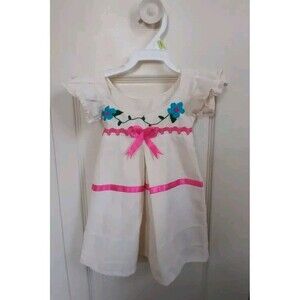 Handmade Baby Girls Boho Dress Embroidered Bow Ivory Size 3-9 Months